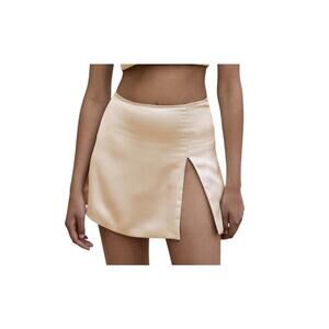 Silkhour Ayu Champagne Satin Skirt Front Kick Split Back Zip Back Sexy Mini SM